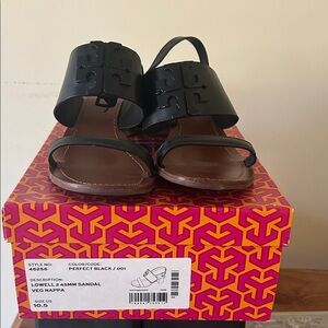 Tory Burch Black Leather Logo Toe-Loop Sandal